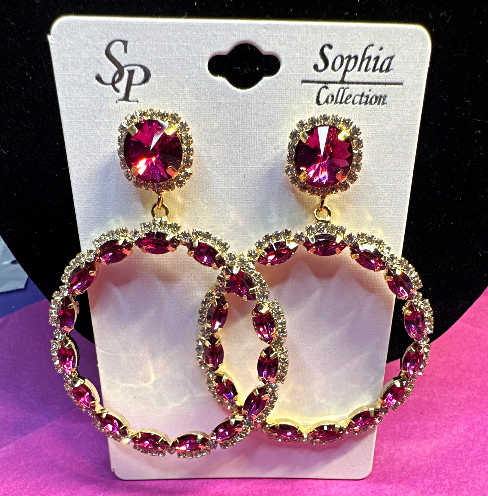 Sophia Collection Pink Crystal Hoop Dangle Earrings Butterfly Back Nickel-Free
