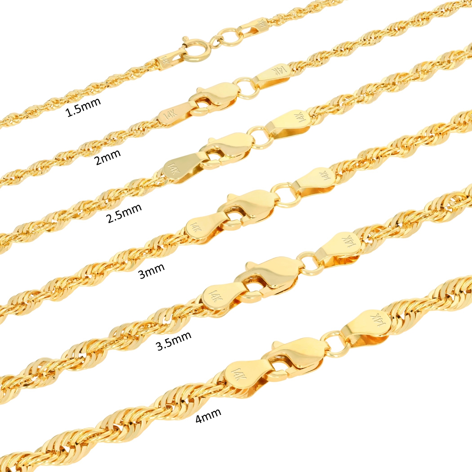 14K Yellow Gold 1mm-4mm Light Diamond Cut Rope Chain Necklace Men Women 16″- 30″