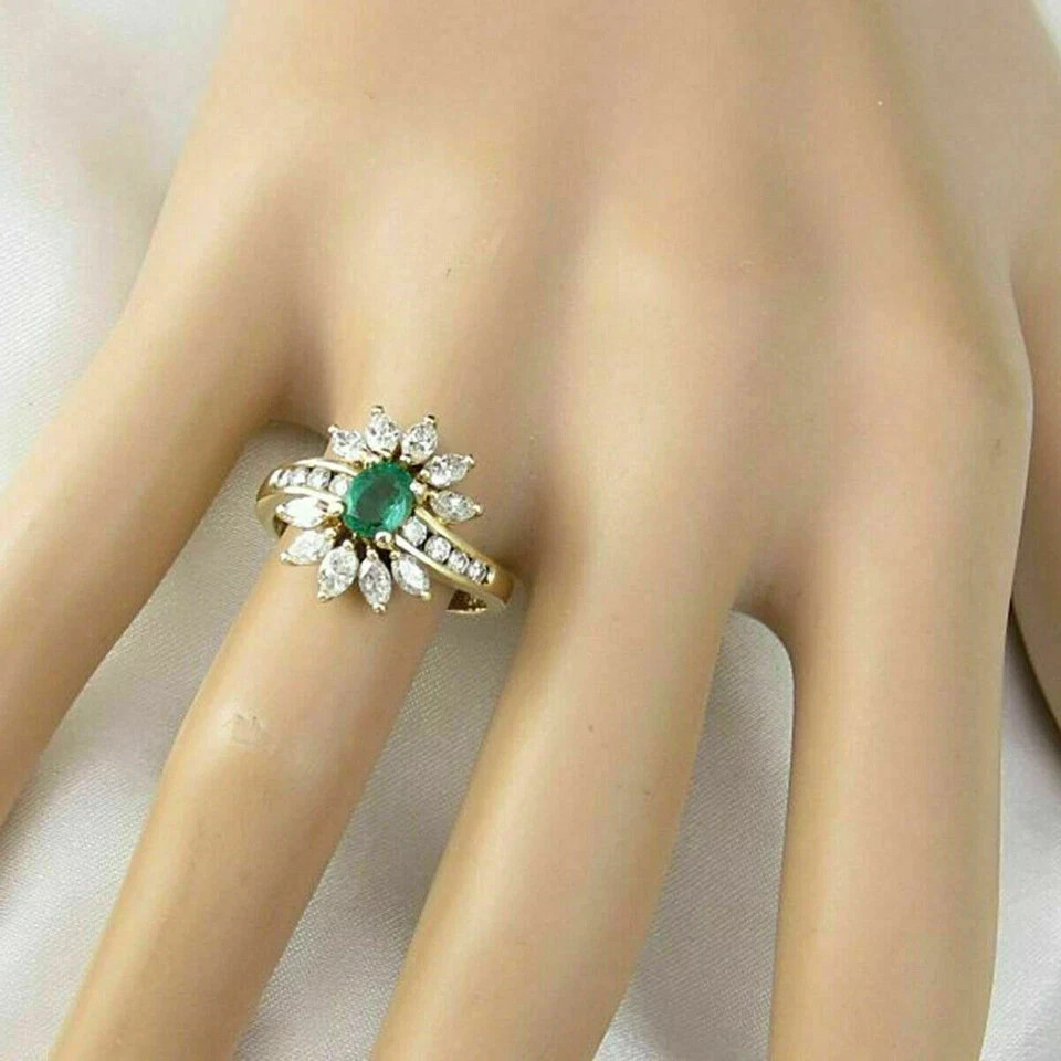 2.00 Ct Oval Cut Natural Emerald & Diamond Wedding Ring 14K Yellow Gold Size 7