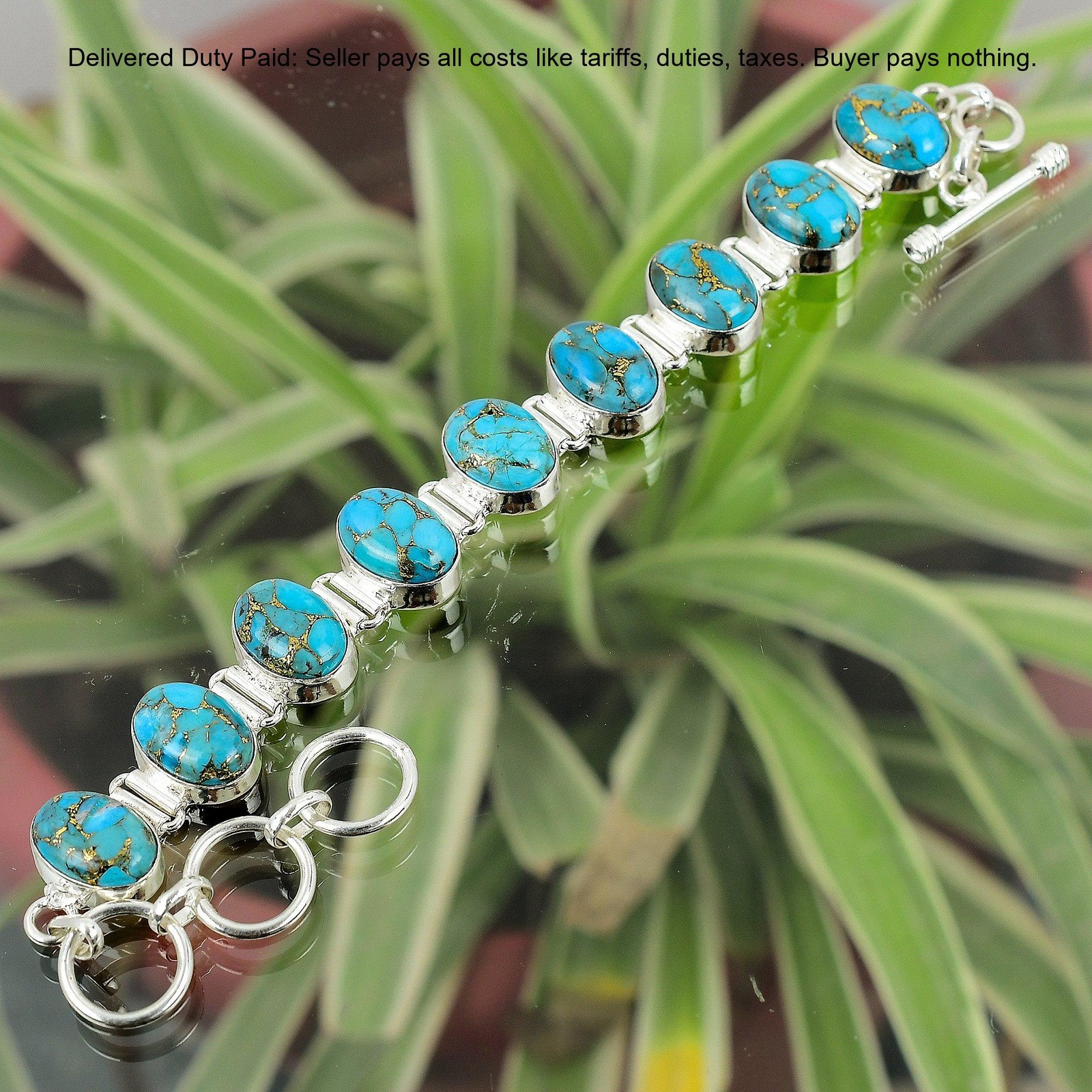 Natural Copper Blue Turquoise Unique Chain Bracelet Jewelry 925 Sterling Silver