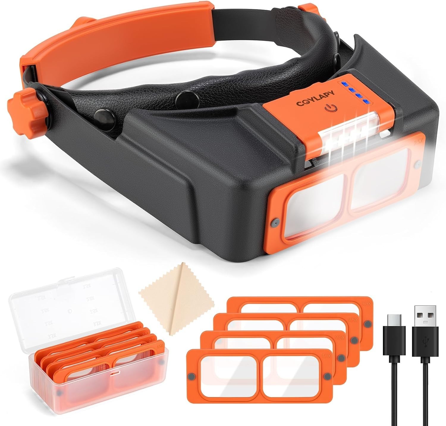 Rechargeable Headband Magnifier with LED Light & 4 Lenses (1.5X-3.5X)