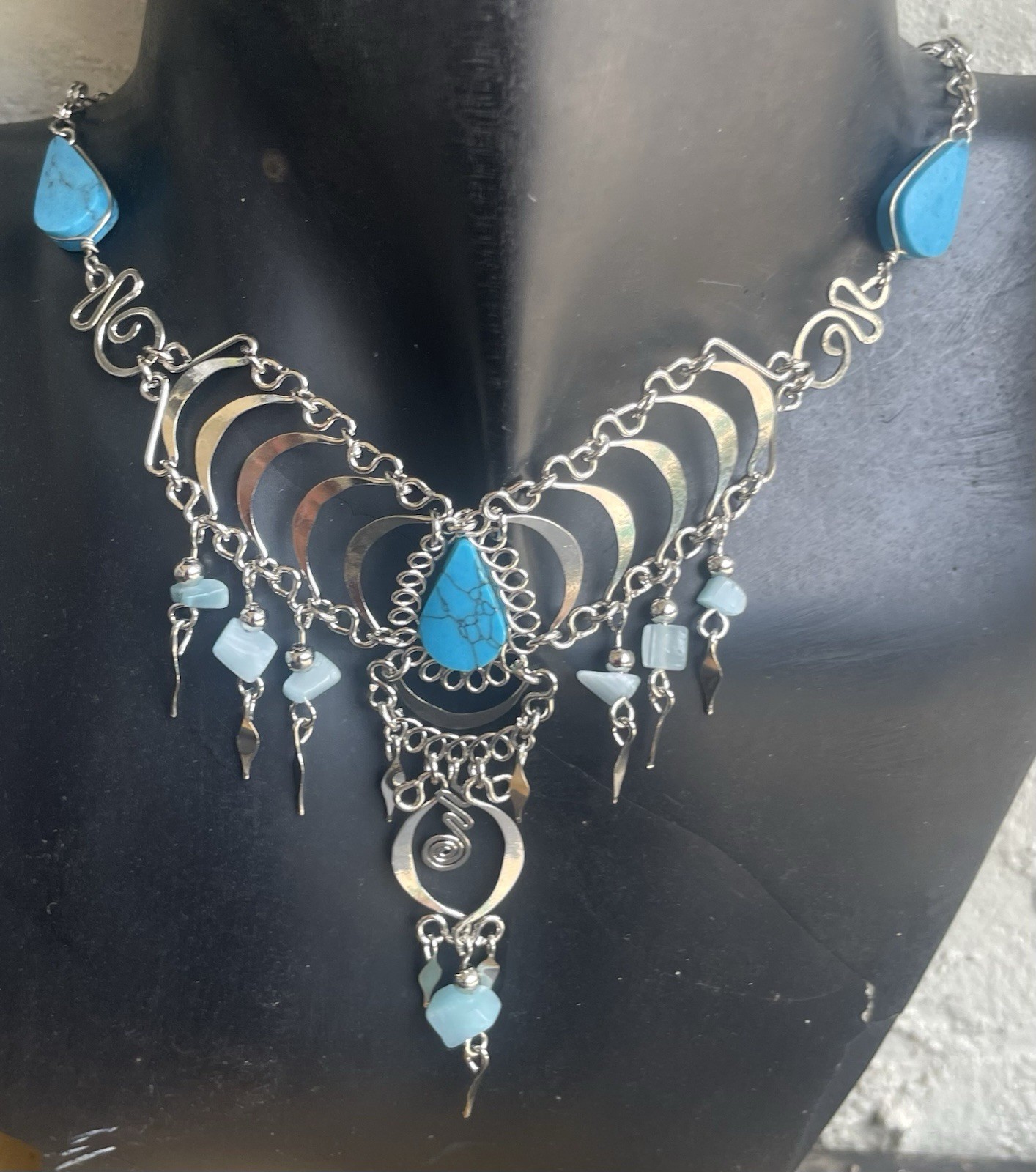 Peruvian Blue Turquoise Semi-Precious Stone Necklace Long Earrings Set Boho Peru
