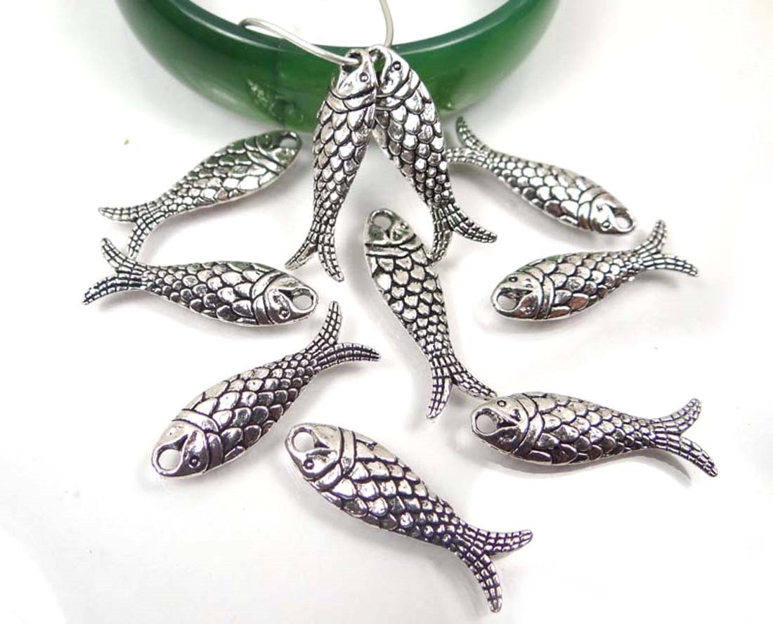 10 Antique Silver Pewter Fish Bead Charms 24x7mm