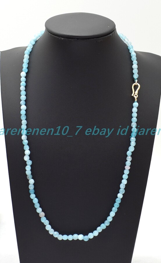 Small Natural 4mm Faceted Blue Aquamarine Gems Round Beads Necklace 16-36in