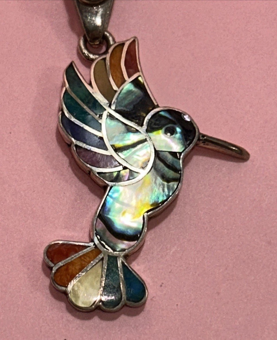 950 Silver Handmade Inlay Hummingbird Abalone Pendant From Peru 1.75”