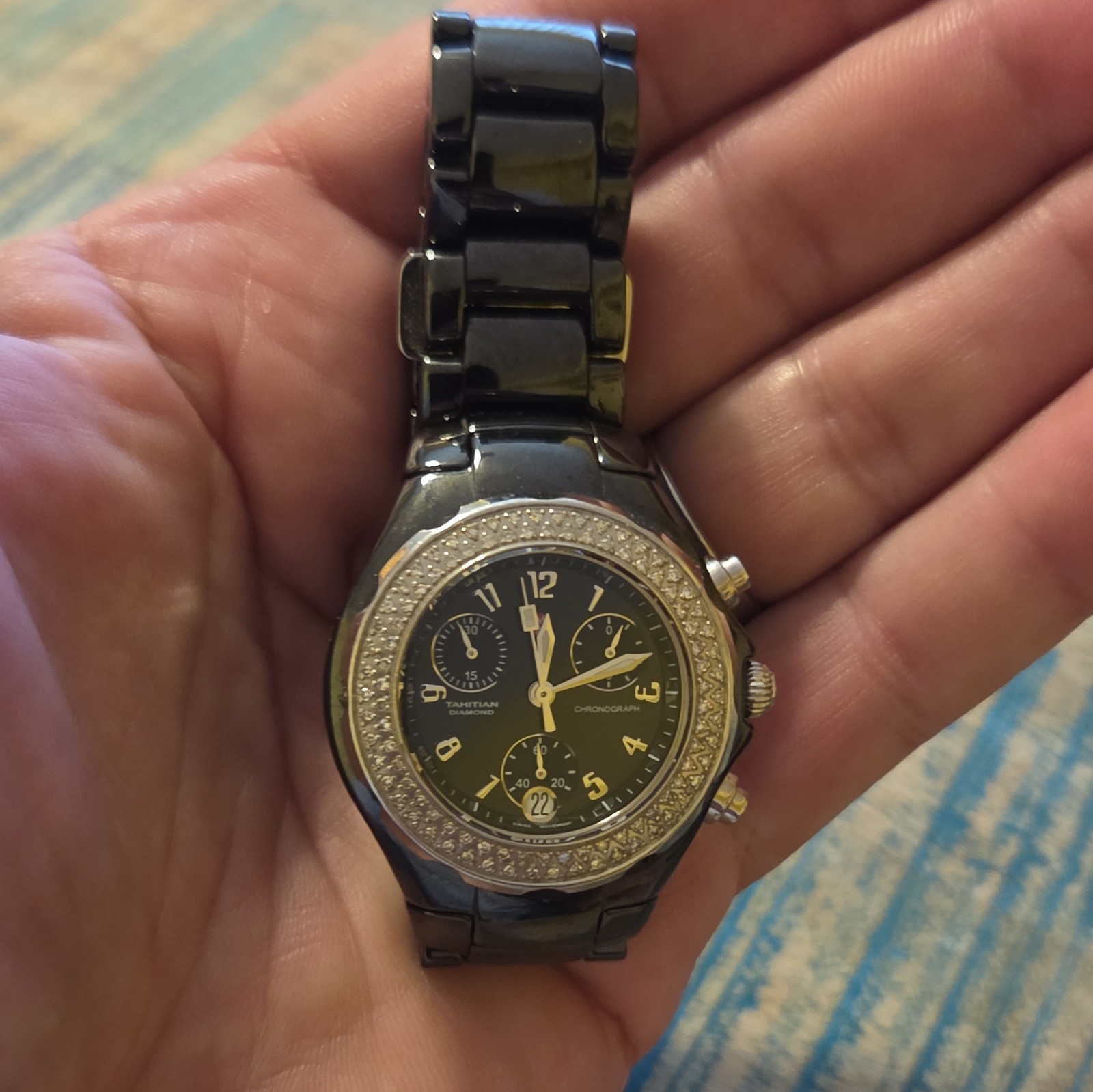MICHELE Tahitian Black Ceramic Quartz Chronograph Date Diamond Bezel 50m 32mm
