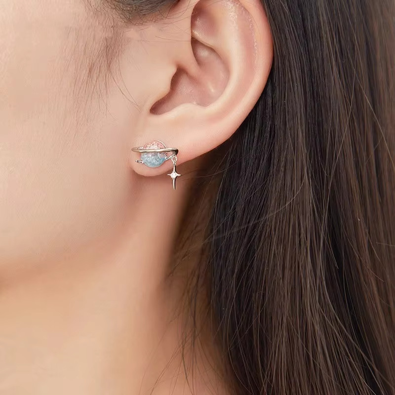 925 Sterling Silver Cat Eye Planet Round Stud Earrings Minimalist Women Gift
