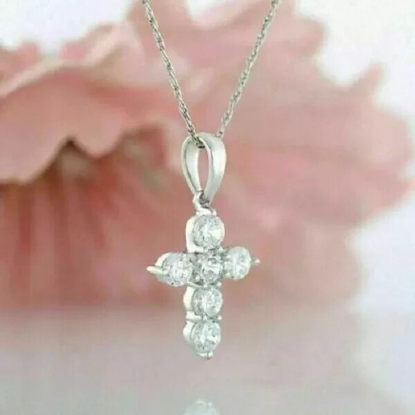 1Ct Round Cut Diamond Cross Necklace Pendant 14K White Gold Finish Free Chain
