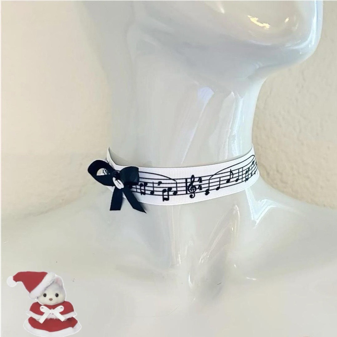 Black & White Music Note Ribbon Choker Necklace w/ Adjustable Tie Closure