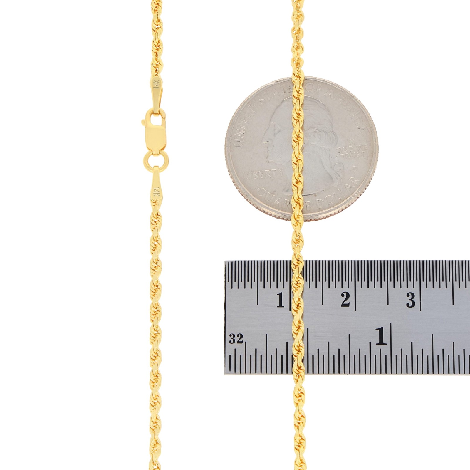 14K Yellow Gold Solid 1.8mm Diamond Cut Rope Link Chain Pendant Necklace 16″-30″
