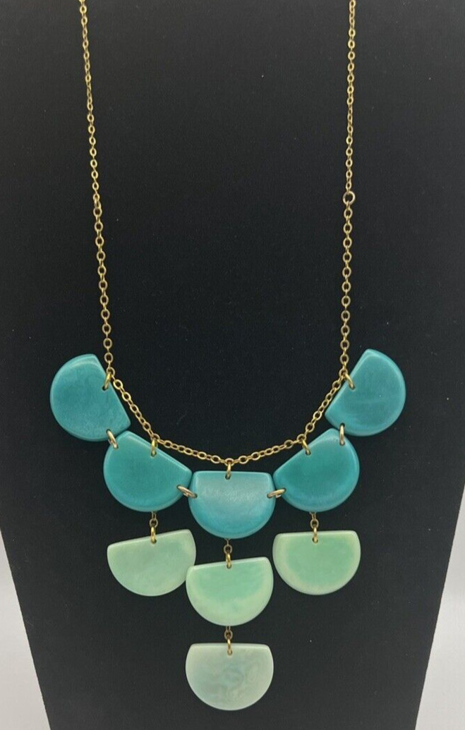 Teal Blue Green Gold Tone Dangle Necklace Fashion Jewelry Acrylic Semicircles