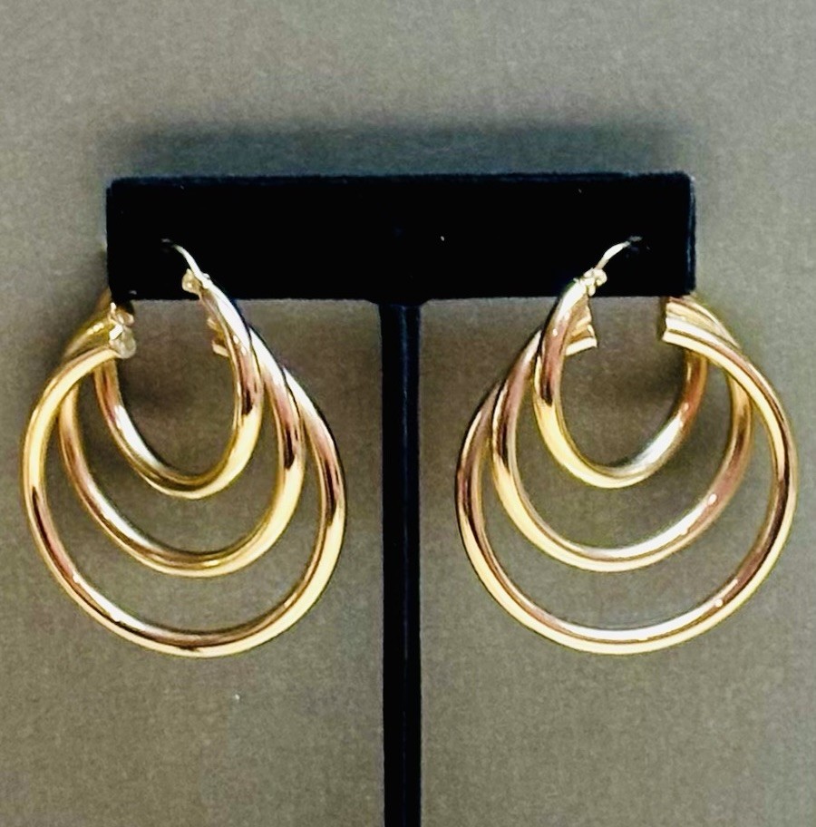 14K Solid Gold Large Triple Tube Hoop Earrings 2” Inch Long, 10.9 Grams