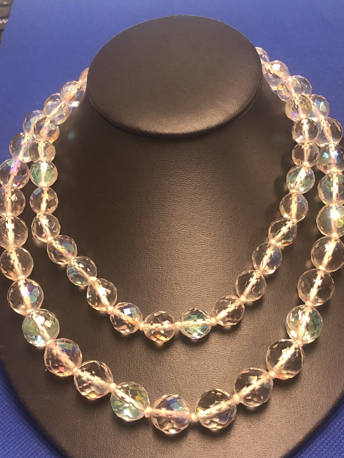 RICHELIEU VTG TWO SINGLE STRANDS AURORA BOREALIS BEADS NECKLACES 32″ & 16″ LONG