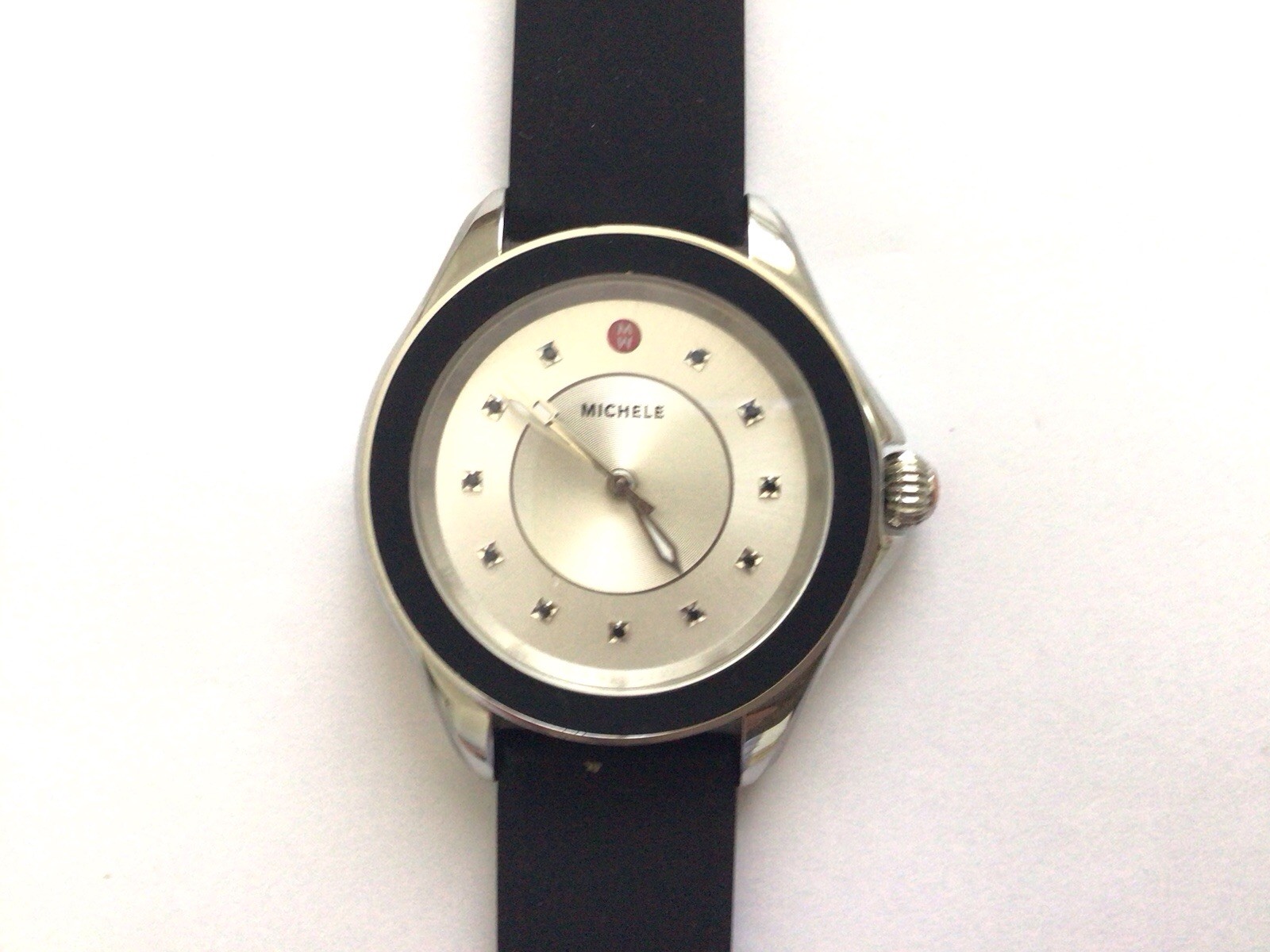 Michele Cape Diamond White Face Black Bezel Silicone Band Watch MWW27A000012