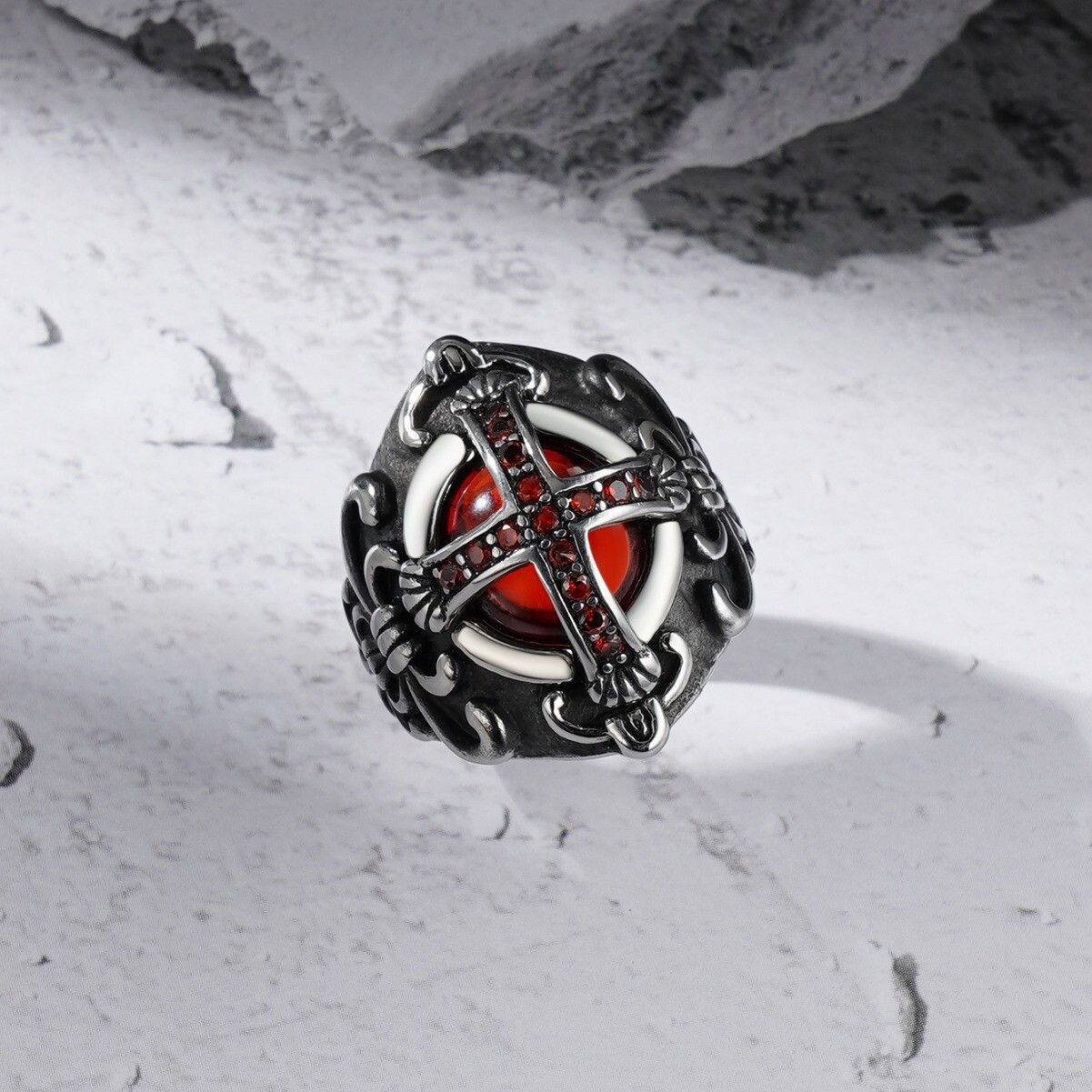Knights Crusades Templar Shield Cross Celtic Red Stone Stainless Steel Ring