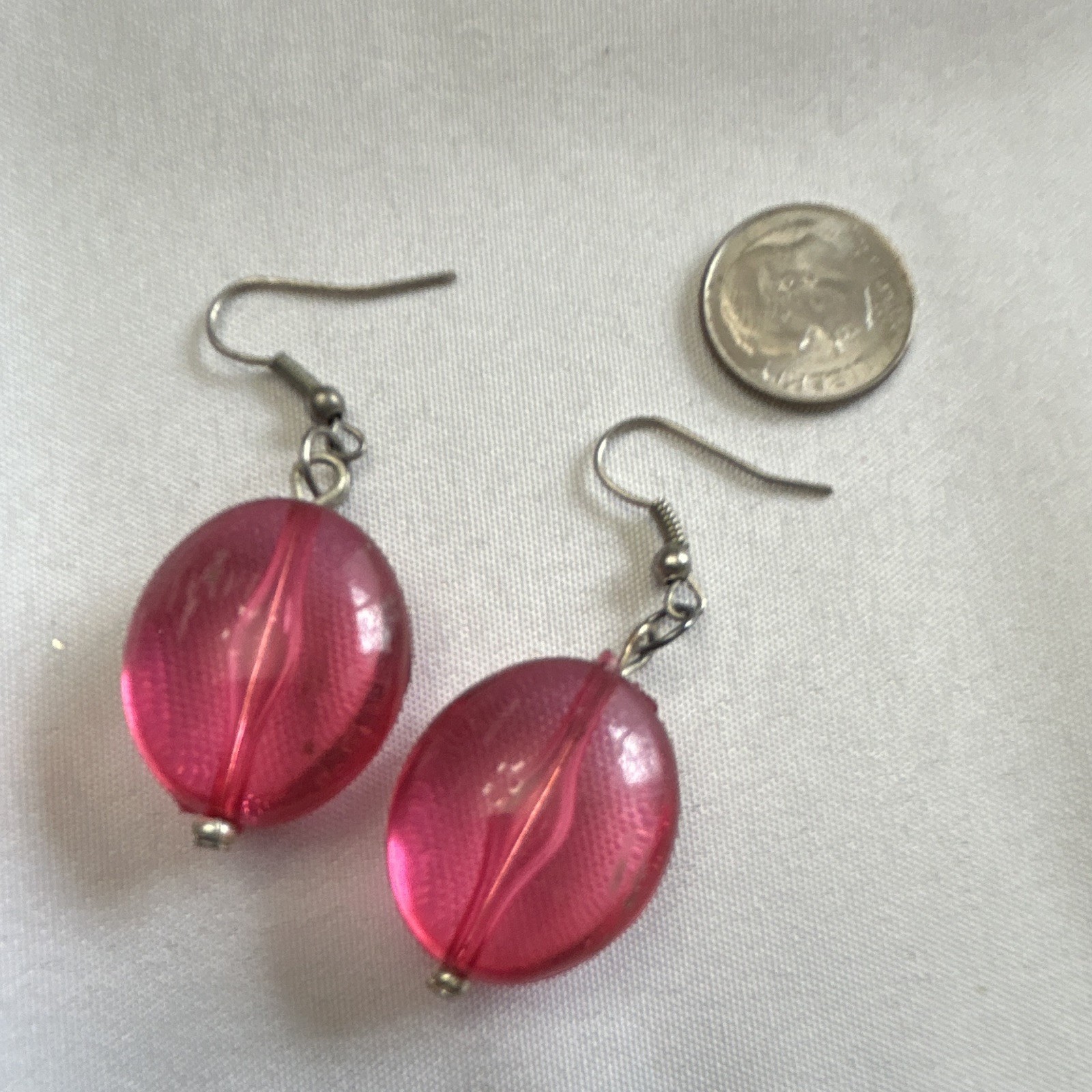 Pink Oval Plastic Dangle/Drop Earrings for Lobe, Hook Closure, No Stone