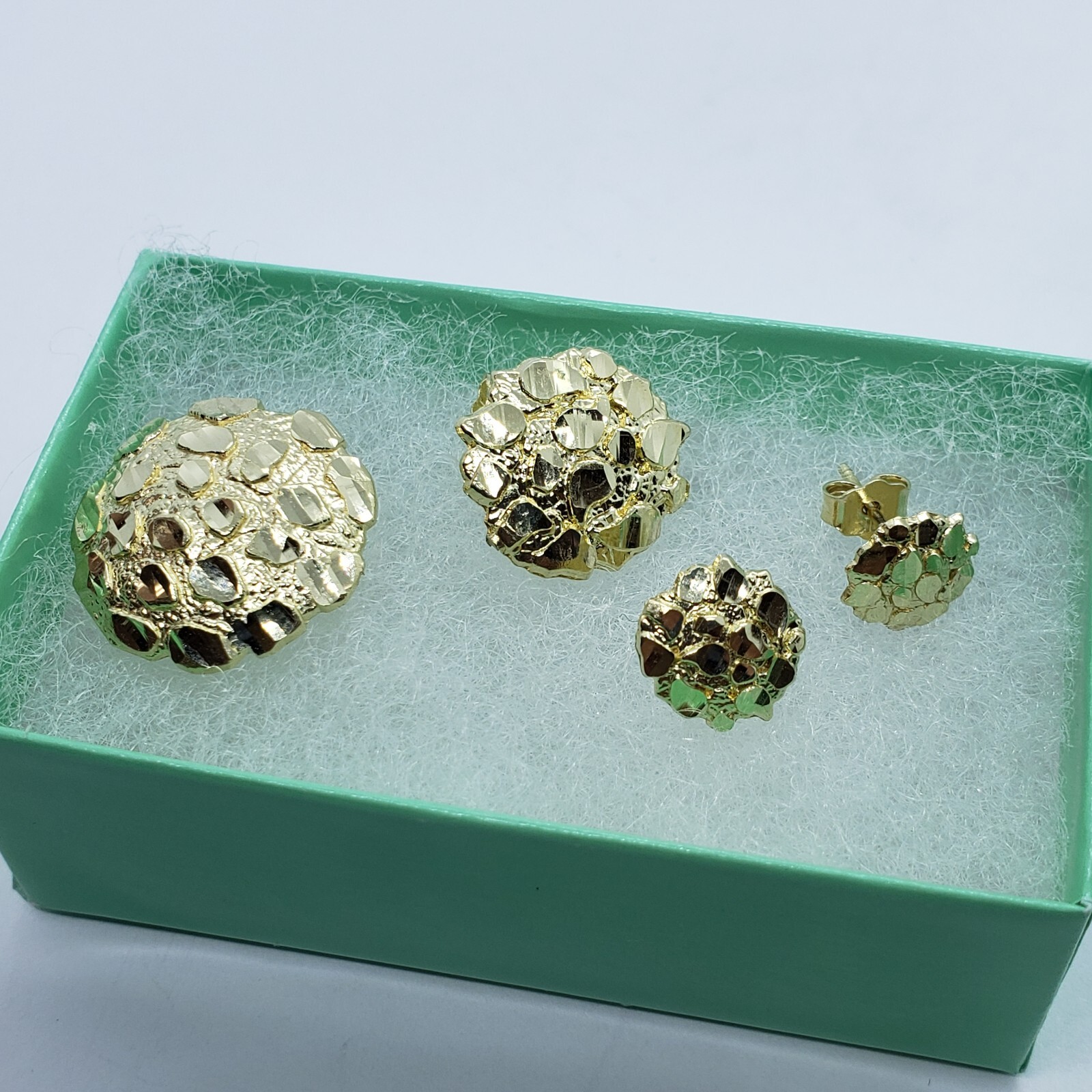 10K Gold Authentic Nugget Round Diamond Cut Stud Earrings for Men Women 4 Sizes