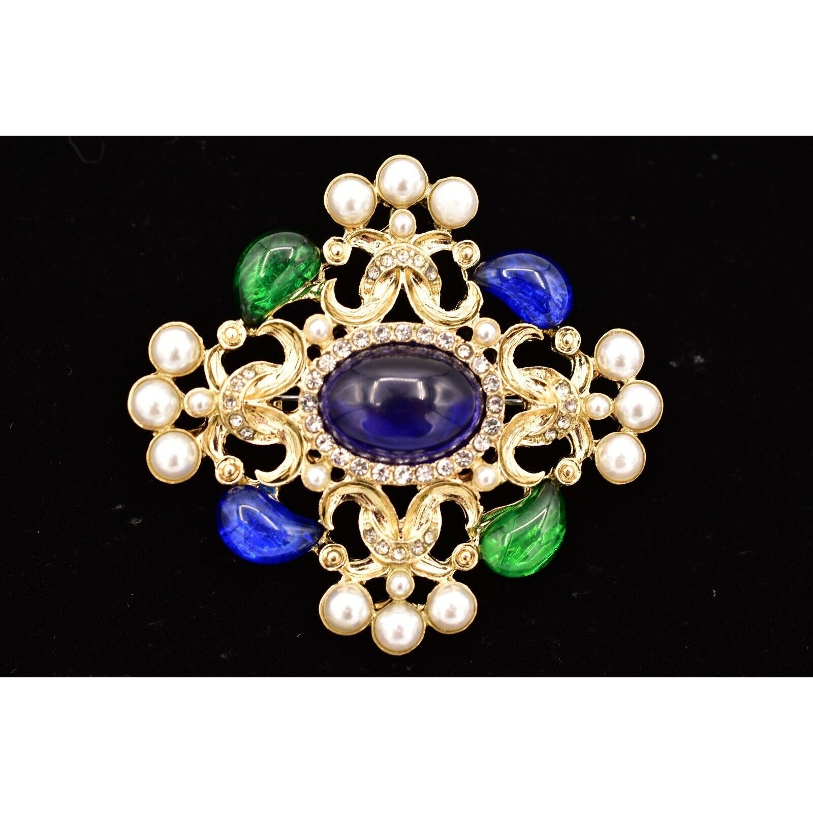 Vintage Cabochon Brooch Pin Faux Pearl White Blue Green Gold Chunky 1990s BinBG