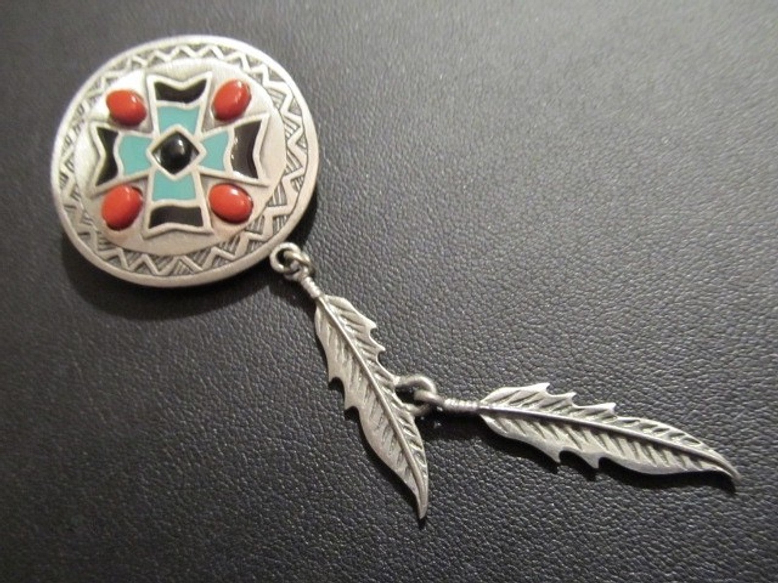 Vintage JJ Jonette Artifacts Pewter Tone Faux Coral Hanging Feathers PIN