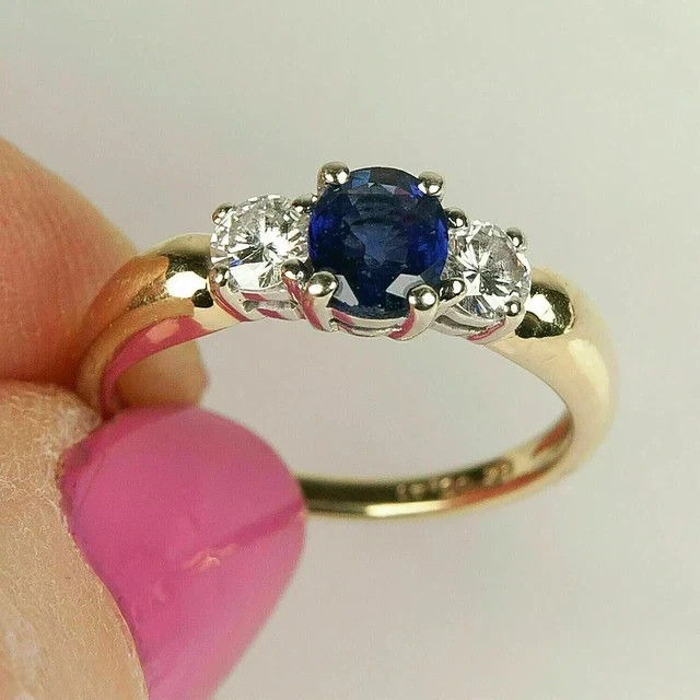 2Ct Round Cut Lab Created Blue Sapphire 3 Stone Engagement Ring 14K Gold Plated