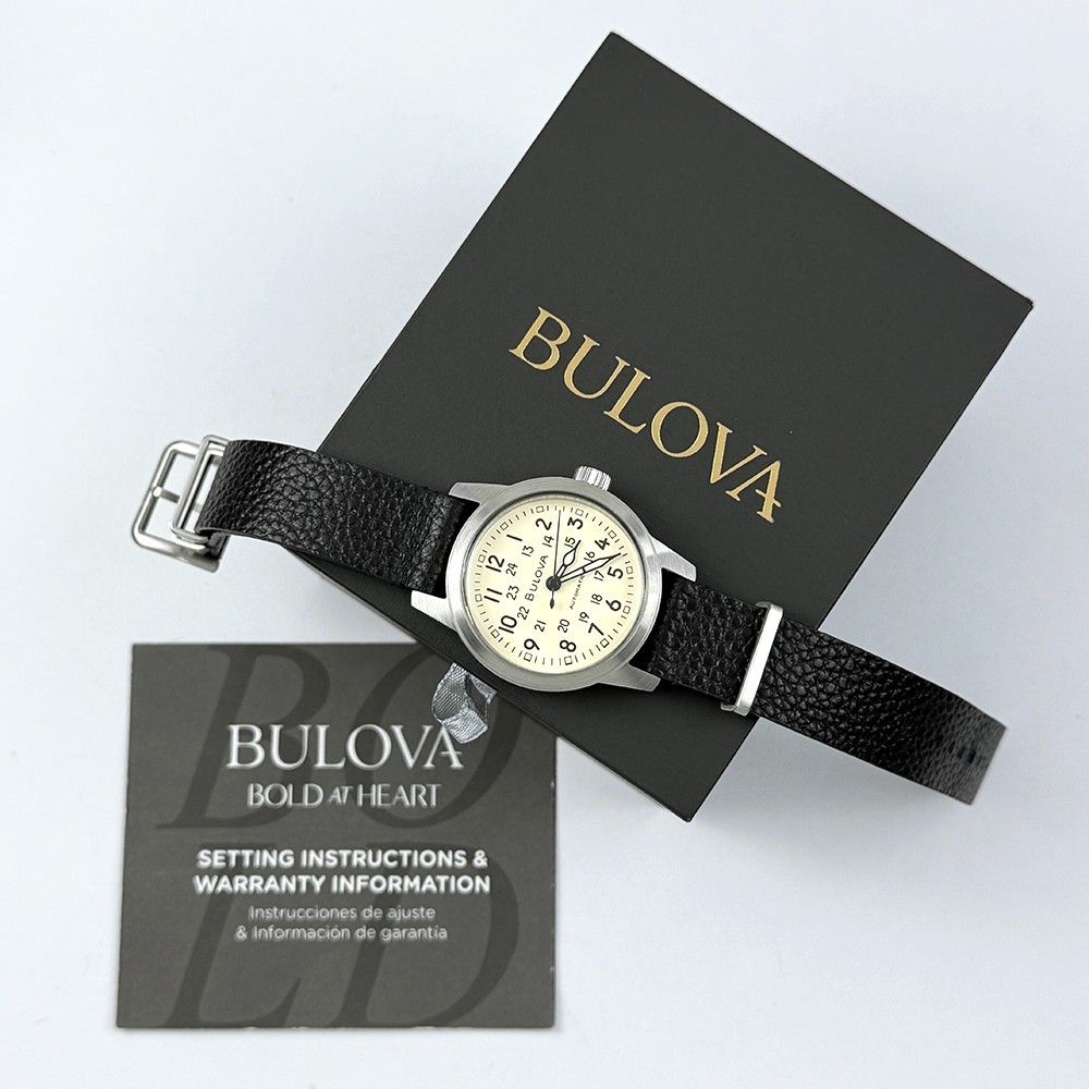 Bulova Men’s Hack Automatic Ivory Dial Black Leather Strap Watch 96A246
