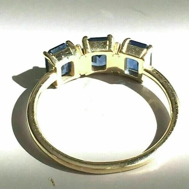 3.CT Three Stone Wedding Ring Lab Created Sapphire 14K Yellow Gold Plated Silver