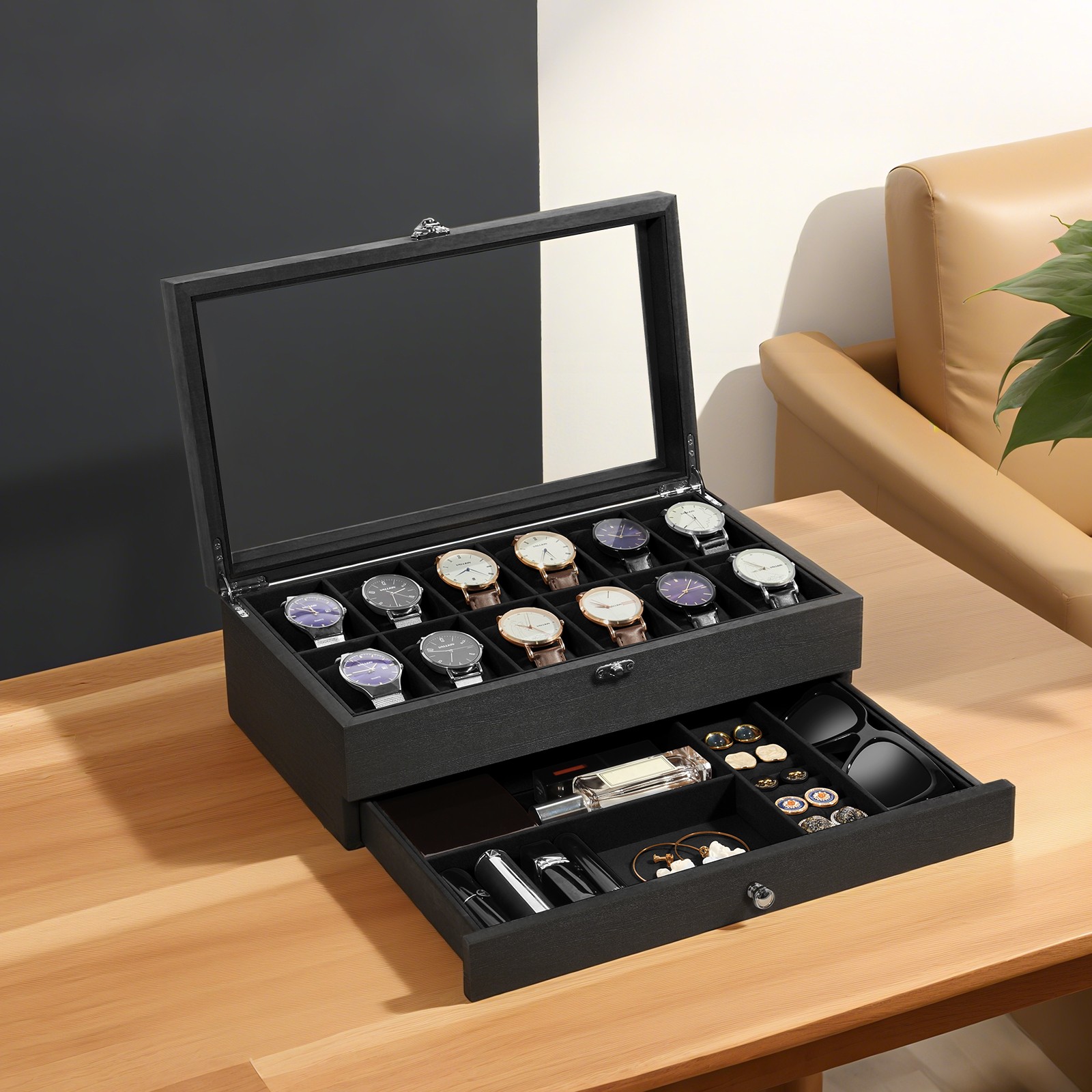 12 Slots Watch Box Organizer Solid Wood Glass Lid Watch Case Jewelry Display Box