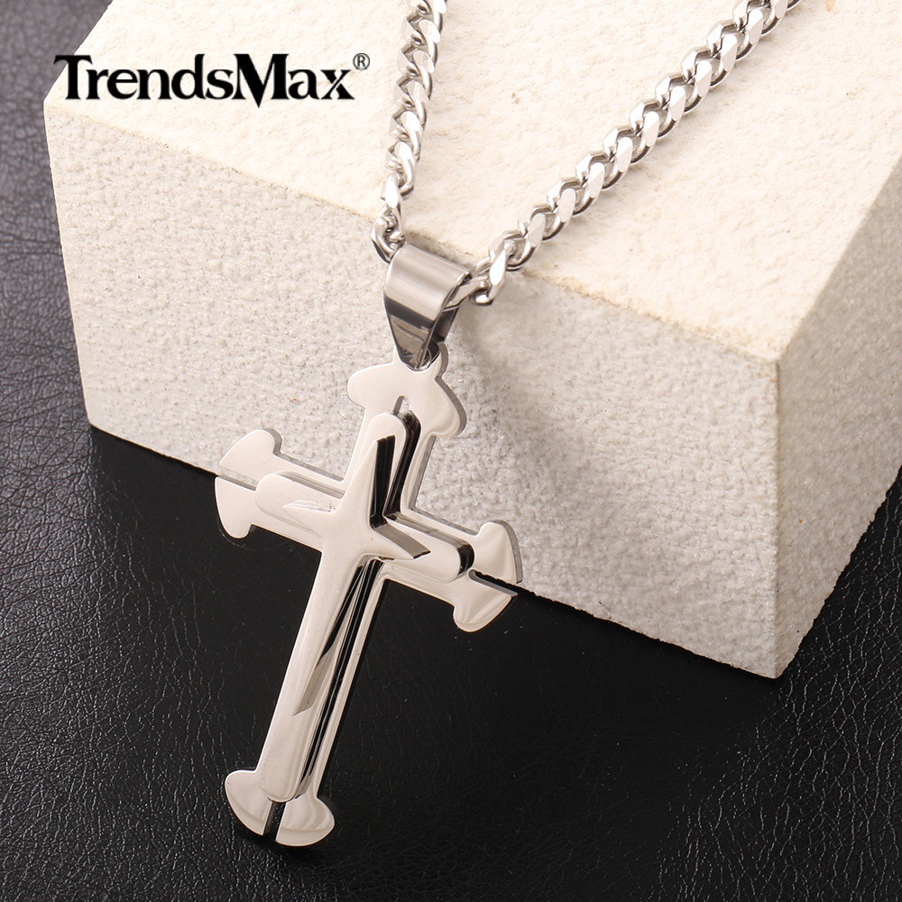 16-30″ Stainless Steel Double Layer Cross Pendant Necklace with Curb Cuban Chain