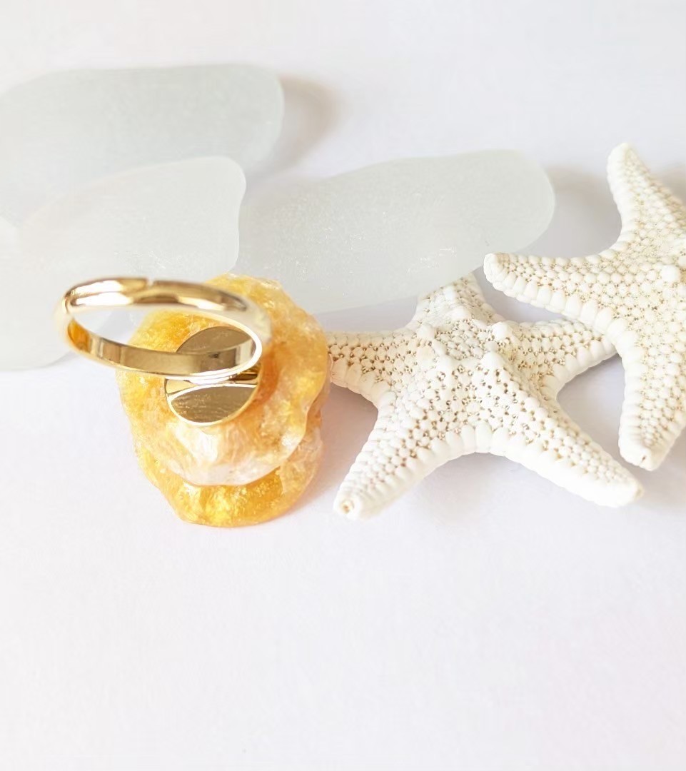 Handmade Orange Shell Flower Ring Adjustable Boho Statement Jewelry Gold Plated