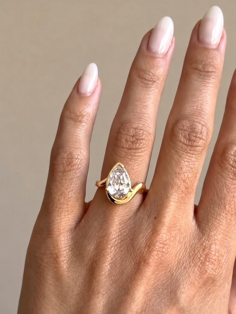 Pear Shape Moissanite Bypass 14K Gold Plated Teardrop Engagement Ring