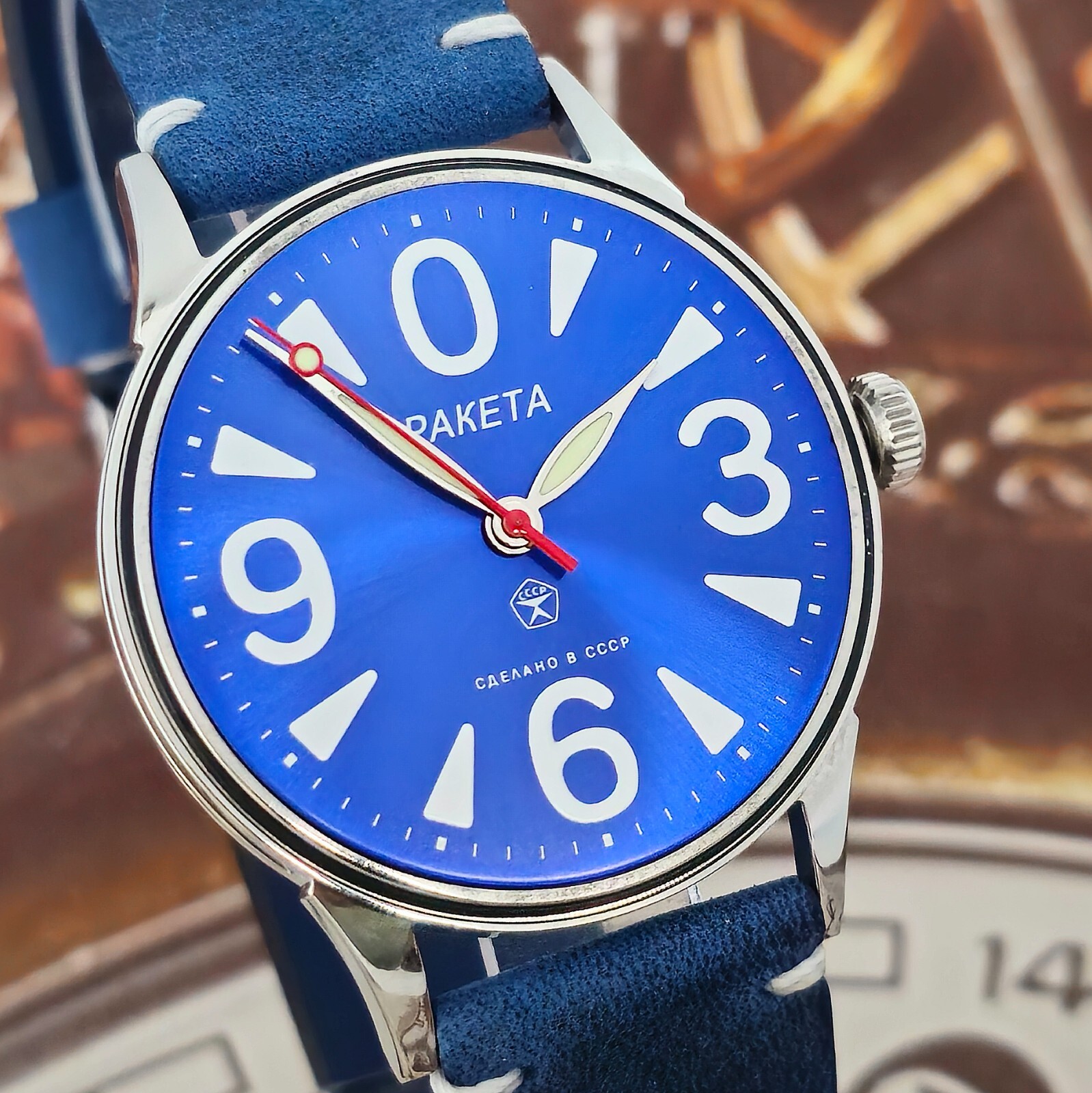 Vintage Watch USSR RAKETA Big Zero Blue Dial Wristwatch Mechanism 2609.HA 19J
