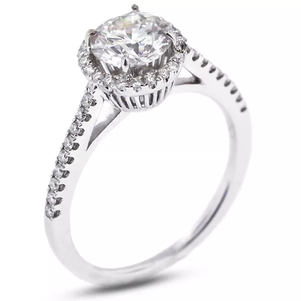 Side Stone Engagement Ring 14K Gold Halo Round 1.35 CT Lab-Grown Diamond F VS1