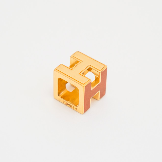 HERMES Cage d’H Cube Pendant Top Charm Orange Lacquer Gold Tone Auth No Chain