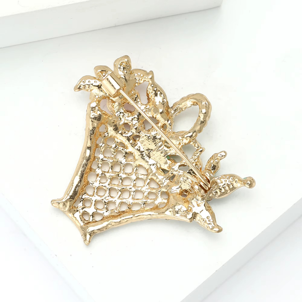 Luxury Easter Spring Flower Basket Brooch Pin Gold Sparkling Crystal Jewelry Gif