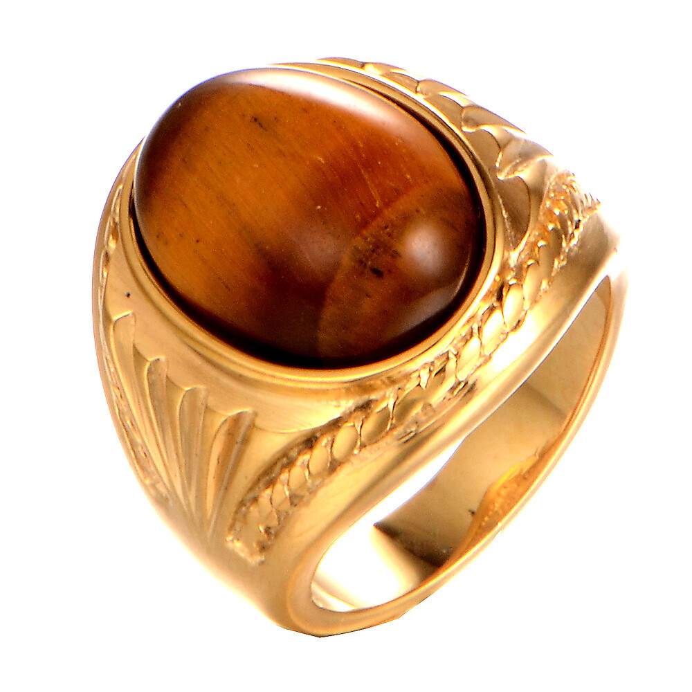 Deziloo Mens Stainless Steel Natural Oval Tiger Eye Gold Stone Ring Men 7-15