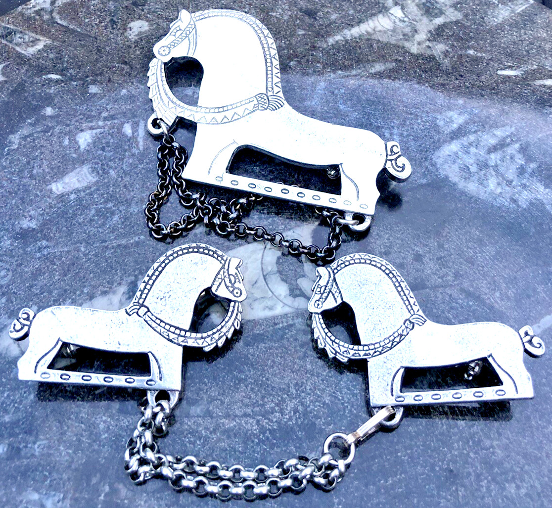Vintage 1960s Norwegian Tinn Per horse brooch & cloak clasp mid century pewter