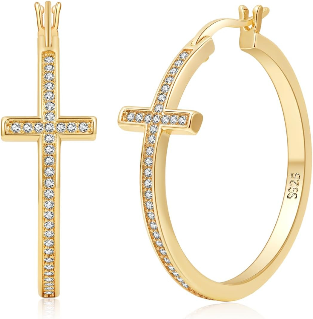 Sterling Silver Cross Hoop Earrings for Women 30MM – Hypoallergenic 14K Gold Pla