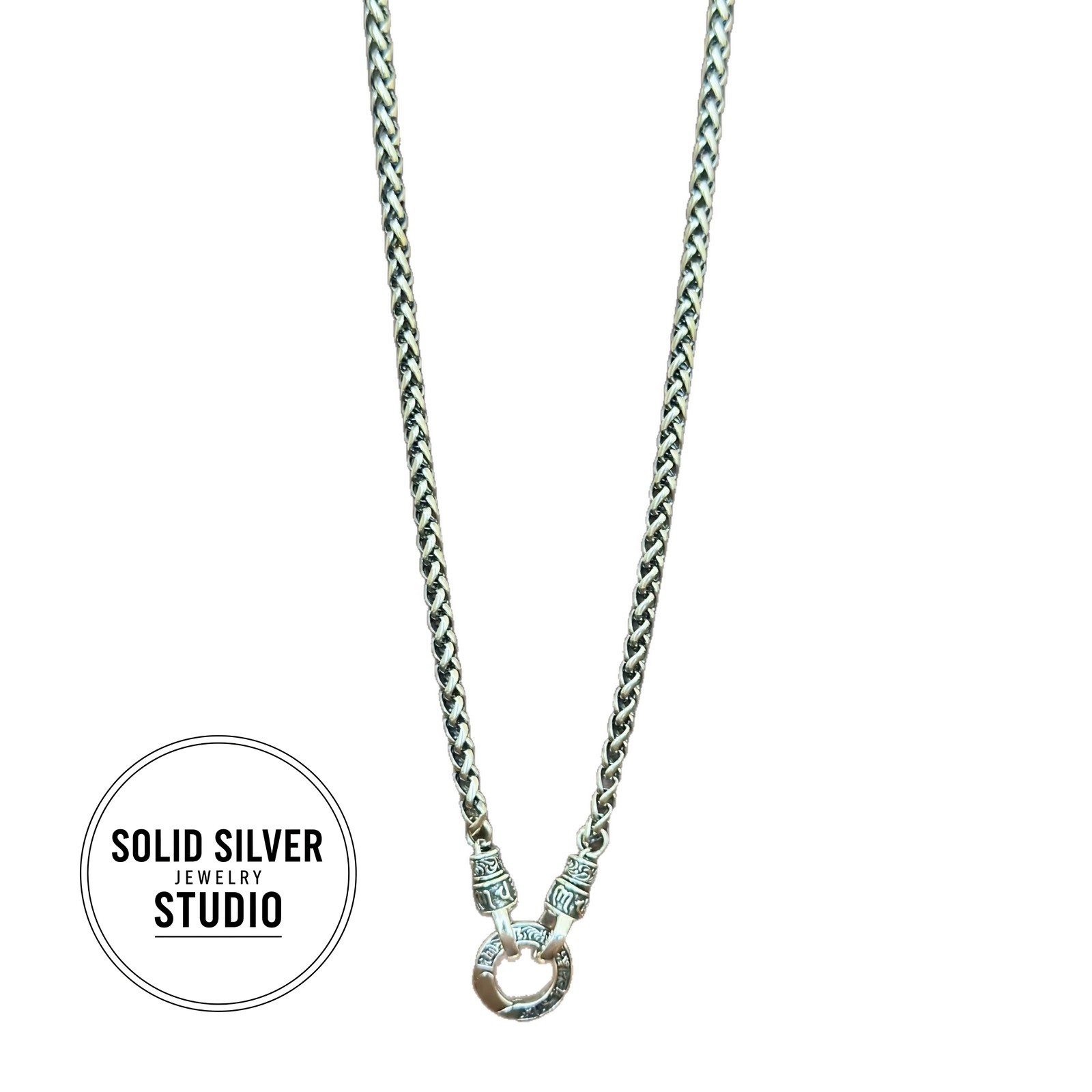 Solid S925 Silver Buddhist Mantra Necklace Spiga/Wheat Chain Pendant Holder Gift