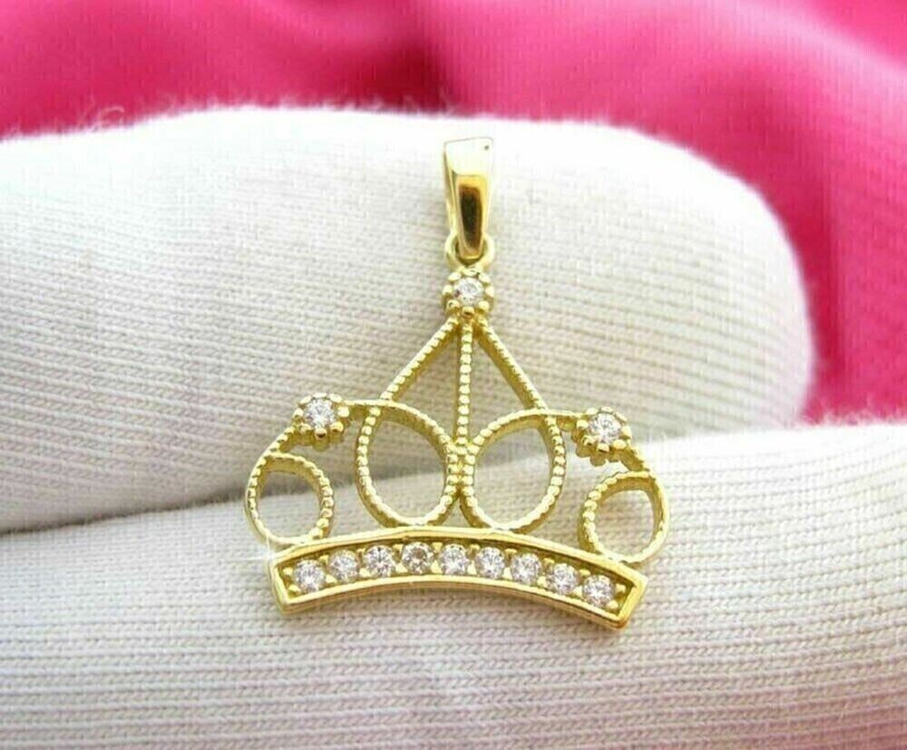 Round Cut Simulated Diamond Women Beautiful Crown Pendant 14K Yellow Gold Plated