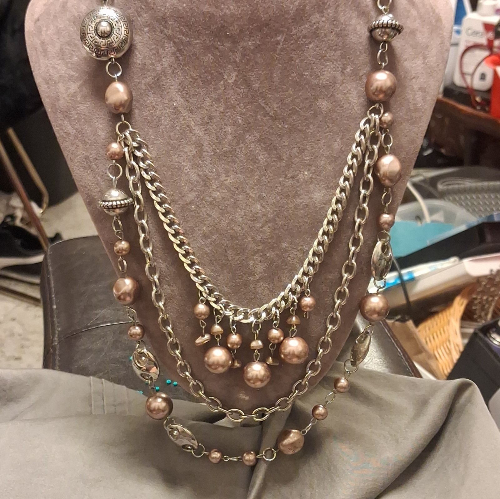 Layered Cable Chain Necklace Brown Round Simulated Pearl Satin Tie Adjustable
