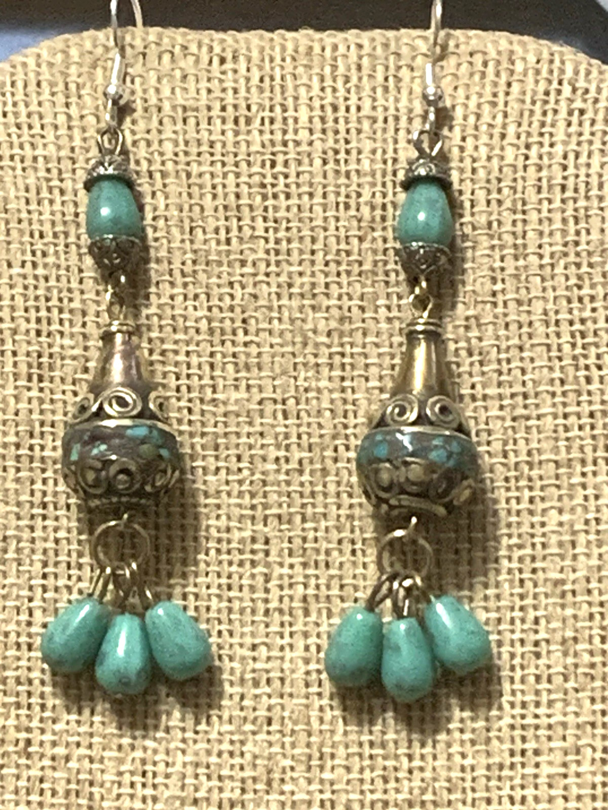 NEW ITEM* HANDCRAFTED NEPAL BEAD &TURQUOISE EARRINGS*-.925 STERLING EAR WIRE-NEW