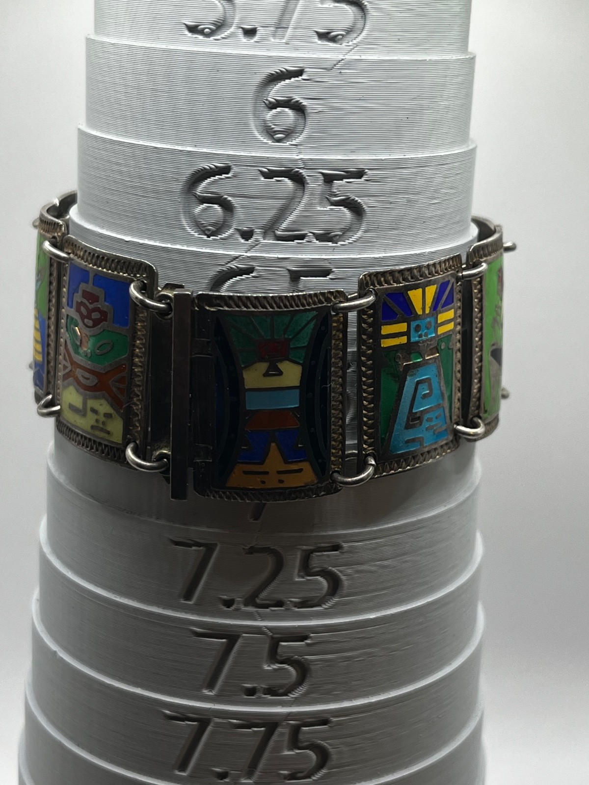 Vintage Mid-Century Peruvian 925 Sterling Silver Enamel Link Panel Bracelet 44g