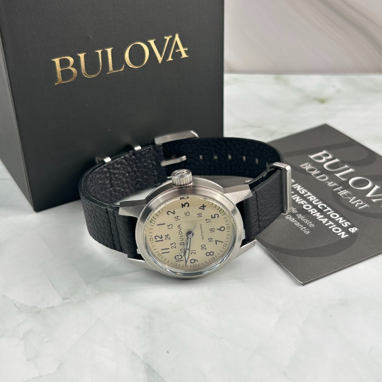Bulova 96A246 Men’s Hack Watch Ivory Dial Black Leather Strap Automatic New 38MM
