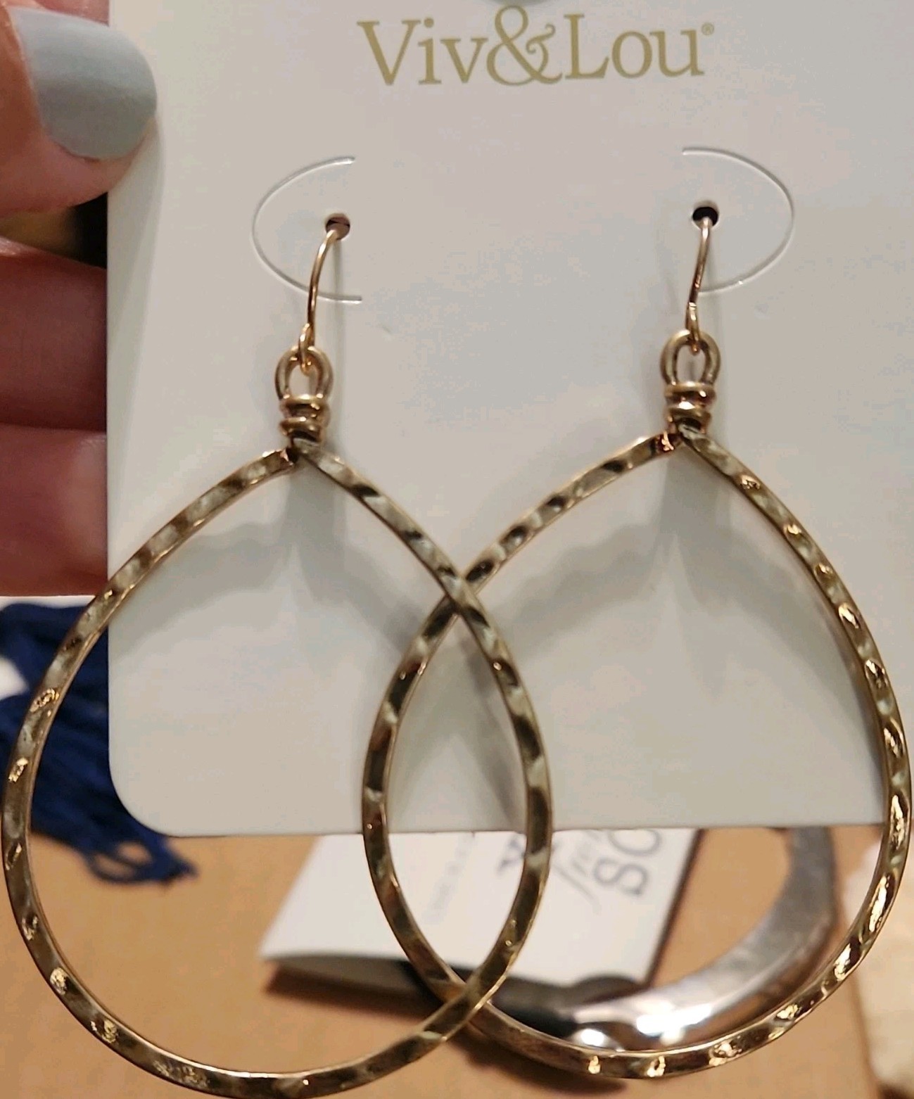 Viv&Lou Gold Tone Textured Teardrop Hoop Dangle Earrings Hook Closure