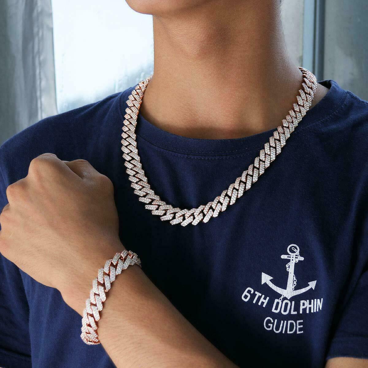 Men’s Rose Gold Plated Ice Out Chain Stainless Steel Miami Cuban Link Bracelet