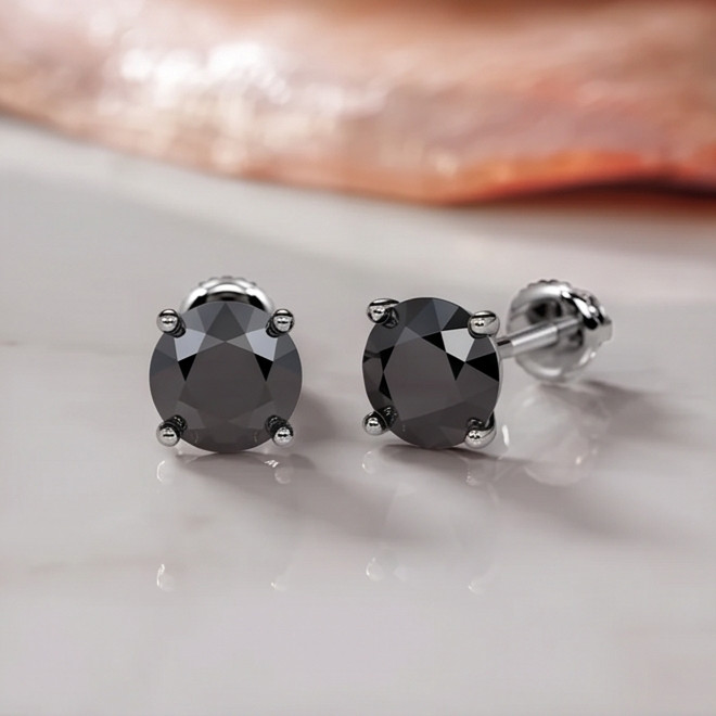 Natural Black Diamond Stud Earrings Martini Setting 14K Gold ScrewBack Men Women