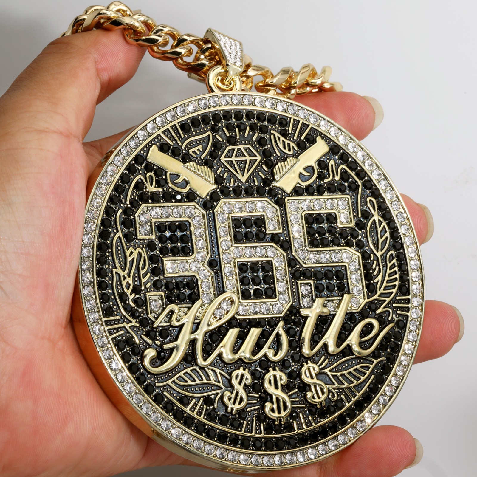 Miami Cuban Curb Chain Necklace 10mm 30In & 365 Hustle Money Sign Gold Plated XL