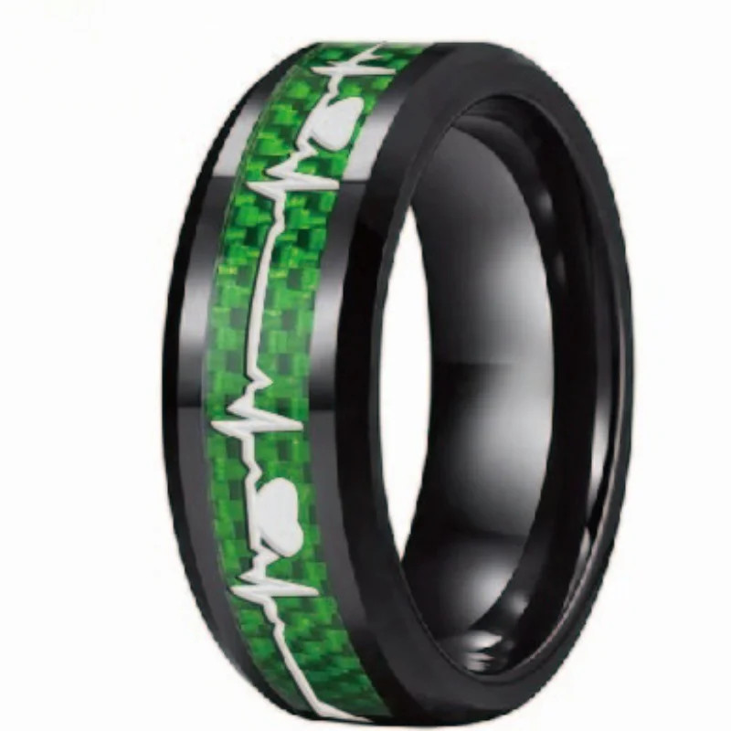 8mm Carbon Fiber Heart Inlay Tungsten Carbide Wedding Band Ring Men Jewelry
