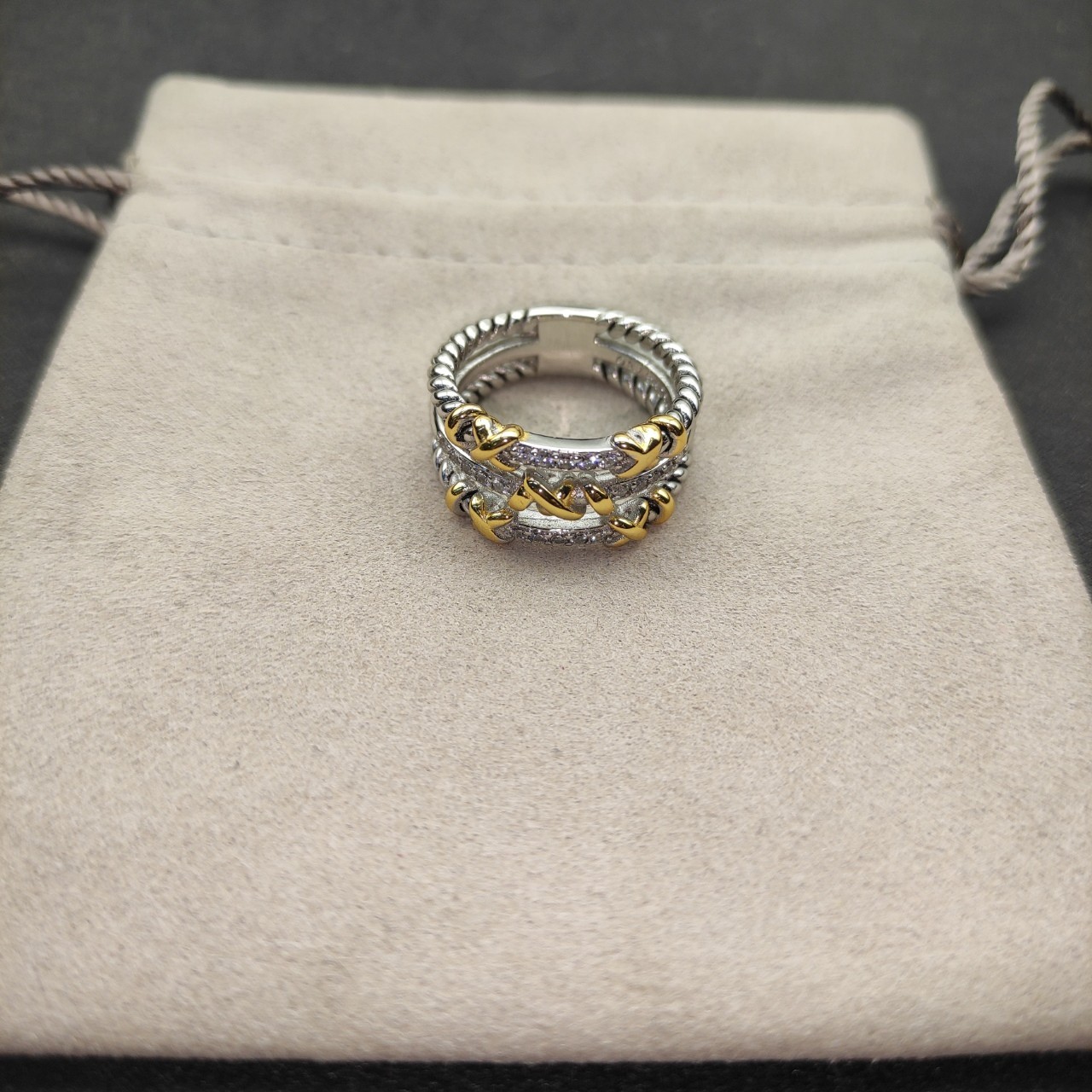 David Yurman Twisted Wrap Band 925 Silver 18K Gold Three Row Pave Diamond Ring 8