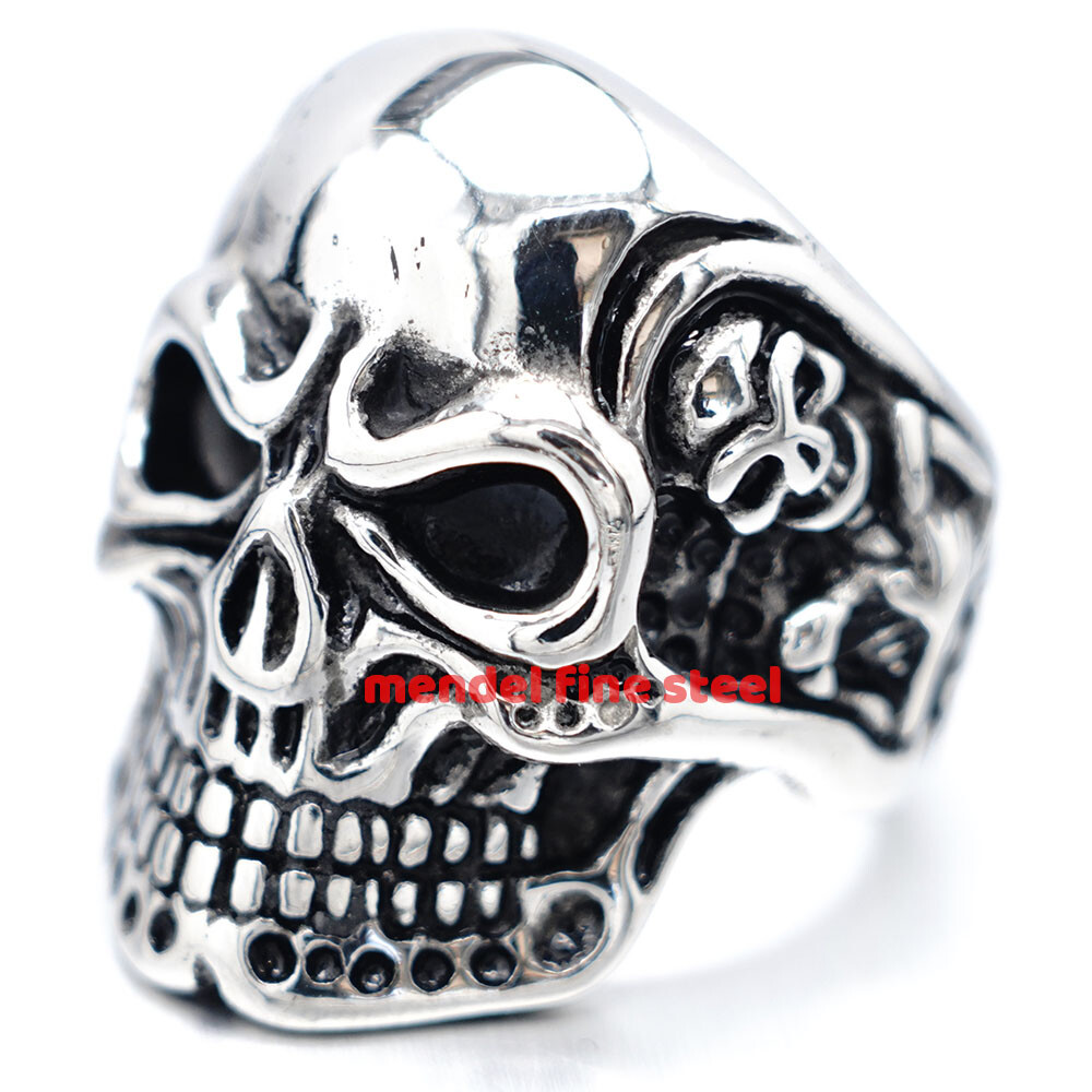 MENDEL Gold Plated Black Stainless Steel Mens Gothic Biker Skull Ring Size 7-15